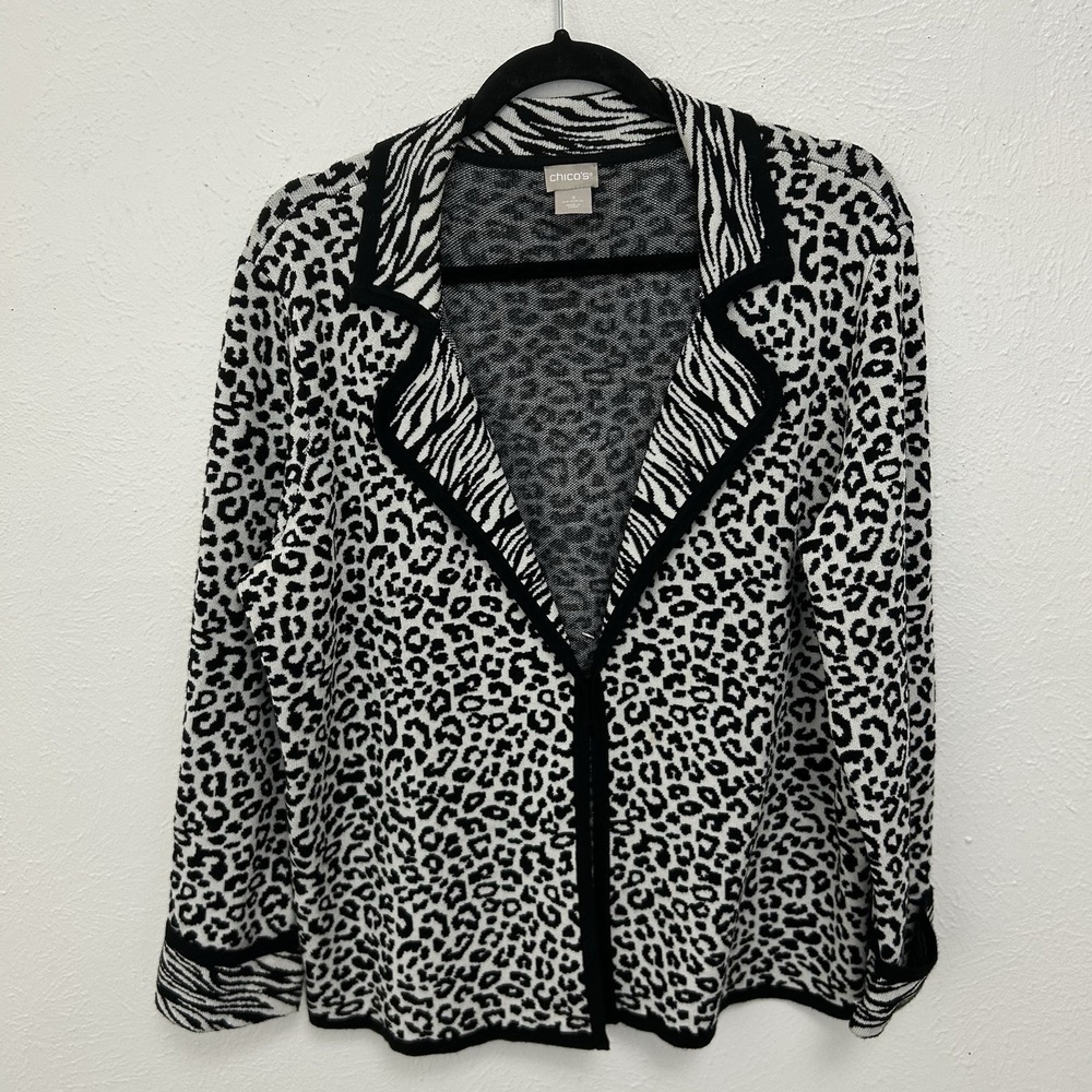Chico's Black White Open Front Cheetah Print Sweater Blazer Cardigan Size 3 (XL) - Picture 1 of 11